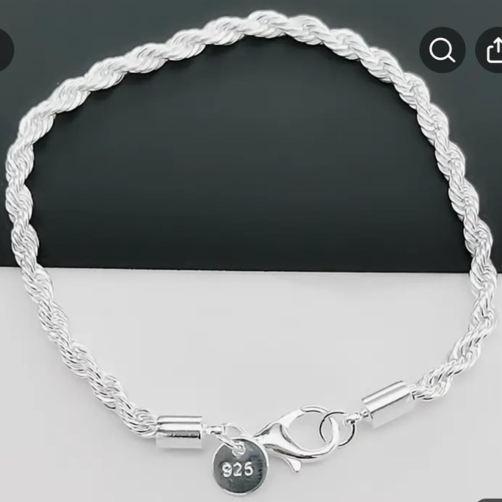 925 Silver plated OS 7 1/2” length by 3mm twisted bracelet w lobster claw clasp
